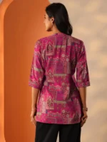 Pink Printed Silk Blend Straight Short Kurti - Image 4